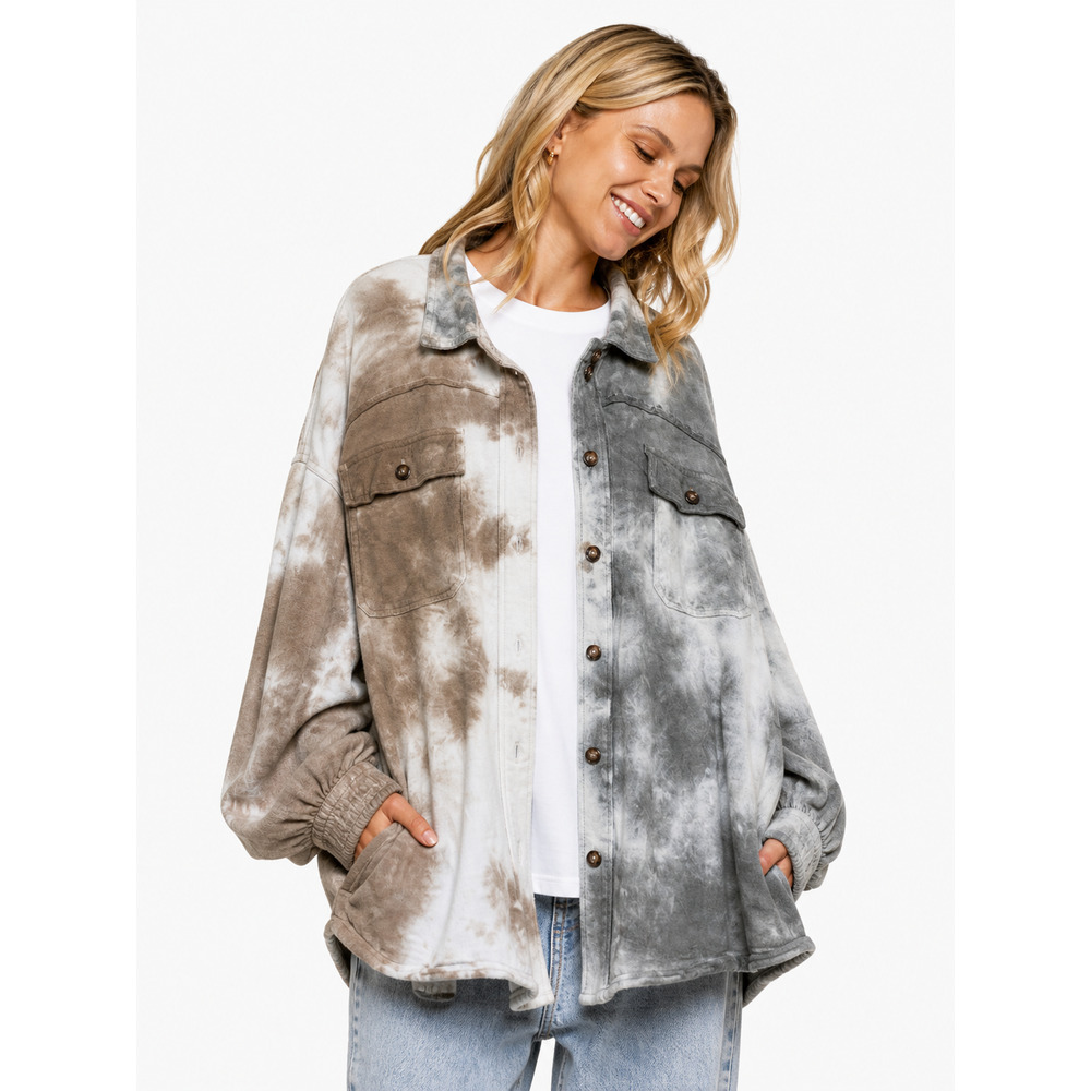 POL | Brown Grey French Terry Oversized Button Up Shacket Tie Dye Boho Festival
